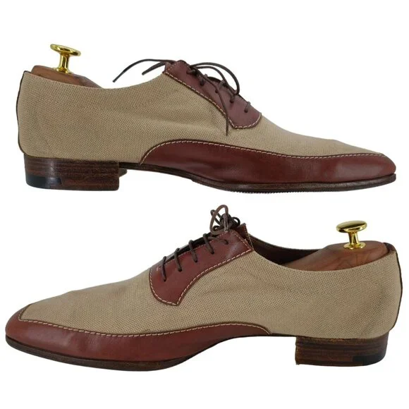 A. Testoni Italy Mens 9D Dress Shoes Beige Brown Canvas Leather Luxury Oxfords - Picture 6 of 11